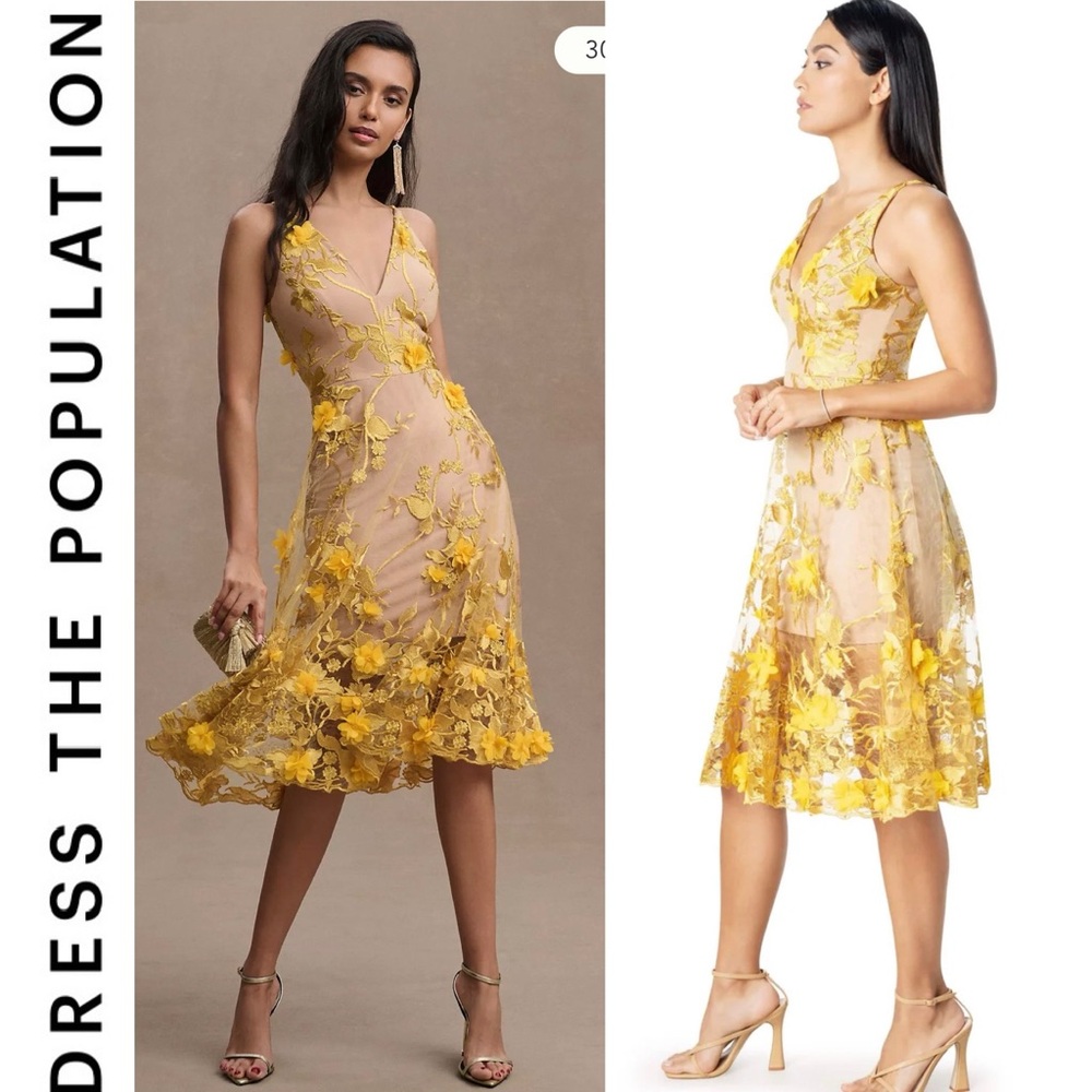 Dress The Population Audrey Fit & Flare Sheer Lace Floral Appliqué Midi Dress XL